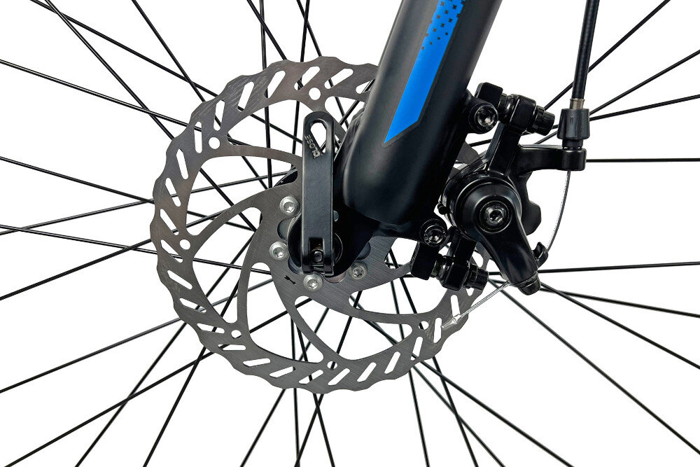 Rower górski MTB INDIANA X-Pulser 1.9 M21 29 cali męski Czarno-niebieski zbliżenie na tarczę hamulcową podstawa bezpieczeństwa hamulce tarczowe mechaniczne w niemal każdych warunkach pogodowych i na każdej trasie bardzo duża siła hamowania hamulce z przodu i z tyłu podwójny pakiet bezpieczeństwa