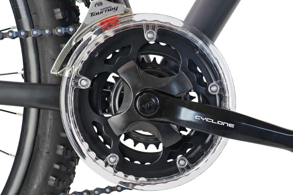 Rower górski MTB INDIANA X-Pulser 1.9 M21 29 cali męski Czarno-niebieski zbliżenie na korbę solidny i wszechstronny napęd korba CYCLONE CTL3 w konfiguracji 24/34/42T można lepiej dopasować tempo jazdy do warunków terenu oraz własnych możliwości wolnobieg SHIMANO MF-TZ500 7 Speed o zakresie 14–28 zębów płynna zmiana biegów większa elastyczność jazdy ułatwia pokonywanie podjazdów komfortowa kadencja