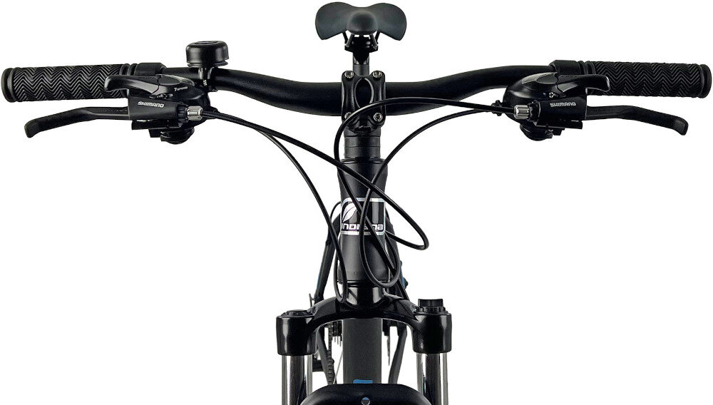 Rower górski MTB INDIANA X-Pulser 1.9 M21 29 cali męski Czarno-niebieski kierownica na białym tle widoczna od przodu solidna kierownica marki SOVEREIGN typu SE-707 FOV o szerokości 680 mm ze stali lepsza stabilność pewniejsze prowadzenie wspornik marki SOVEREIGN Ahead 31.8 FOV Alu trwałe i precyzyjne połączenie z widelcem zwiększa kontrolę nad rowerem waga 15,95 kg