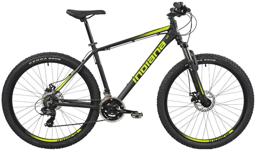Rower górski MTB INDIANA X-Pulser 2.7 M19 26 cali męski Czarno-żółty rower na białym tle widoczny z boku pasja jazda na rowerze środek transportu
