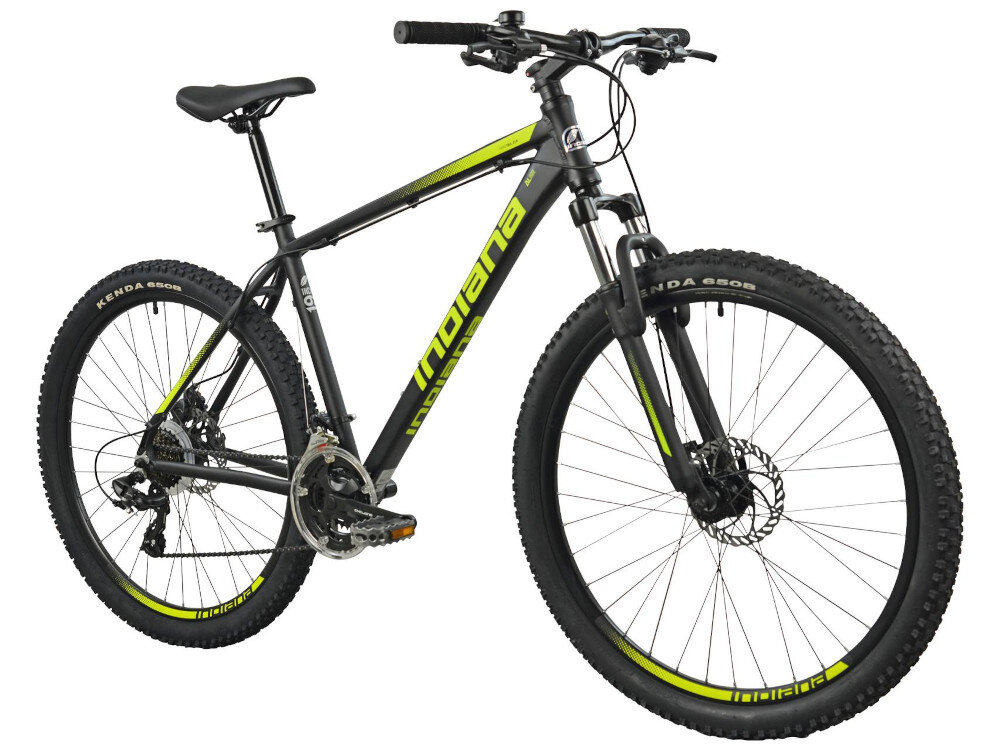 Rower górski MTB INDIANA X-Pulser 2.7 M19 26 cali męski Czarno-żółty rower na białym tle widoczny od przodu pod skosem góral dla sportowców do jazdy wyczynowej uniwersalny dla amatorów zwrotny łatwo wchodzący w zakręty do jazdy w mieście na drodze utwardzonej i nieutwardzonej w lesie górski szlak błocie piachu