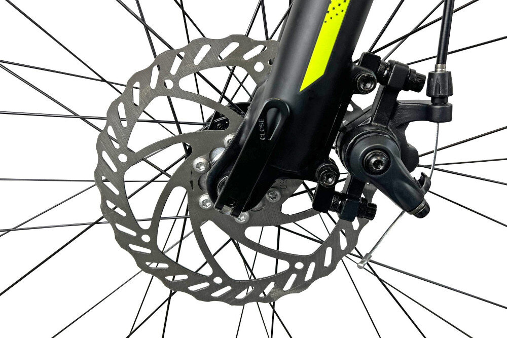 Rower górski MTB INDIANA X-Pulser 2.7 M19 26 cali męski Czarno-żółty zbliżenie na tarczę hamulcową podstawa bezpieczeństwa hamulce tarczowe mechaniczne w niemal każdych warunkach pogodowych i na każdej trasie bardzo duża siła hamowania hamulce z przodu i z tyłu podwójny pakiet bezpieczeństwa