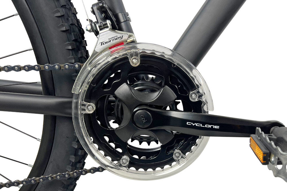 Rower górski MTB INDIANA X-Pulser 2.7 M19 26 cali męski Czarno-żółty zbliżenie na korbę solidny i wszechstronny napęd korba CYCLONE CTL3 Black w konfiguracji 42/34/24T można lepiej dopasować tempo jazdy do warunków terenu oraz własnych możliwości wolnobieg SHIMANO MF-TZ500-7, 7 Speed o zakresie 14–28 zębów płynna zmiana biegów większa elastyczność jazdy ułatwia pokonywanie podjazdów komfortowa kadencja