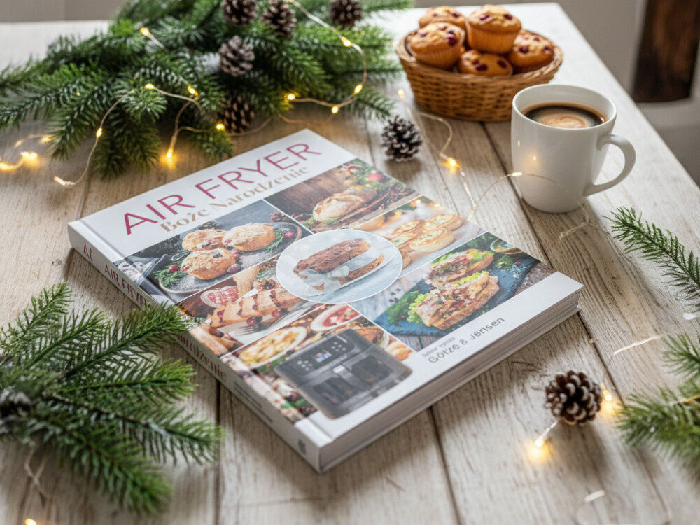 Na drewnianym stole leży książka zatytułowana \'AIR FRYER Boże Narodzenie\' z różnymi potrawami na okładce. Obok znajduje się filiżanka kawy, koszyk z babeczkami oraz gałązki świerku z szyszkami i światełkami.