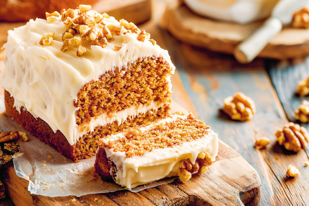 Na drewnianej desce znajduje się ciasto pokryte białym kremem i posypane orzechami. Obok leży plaster ciasta, a w tle widoczne są rozmyte elementy kuchenne.