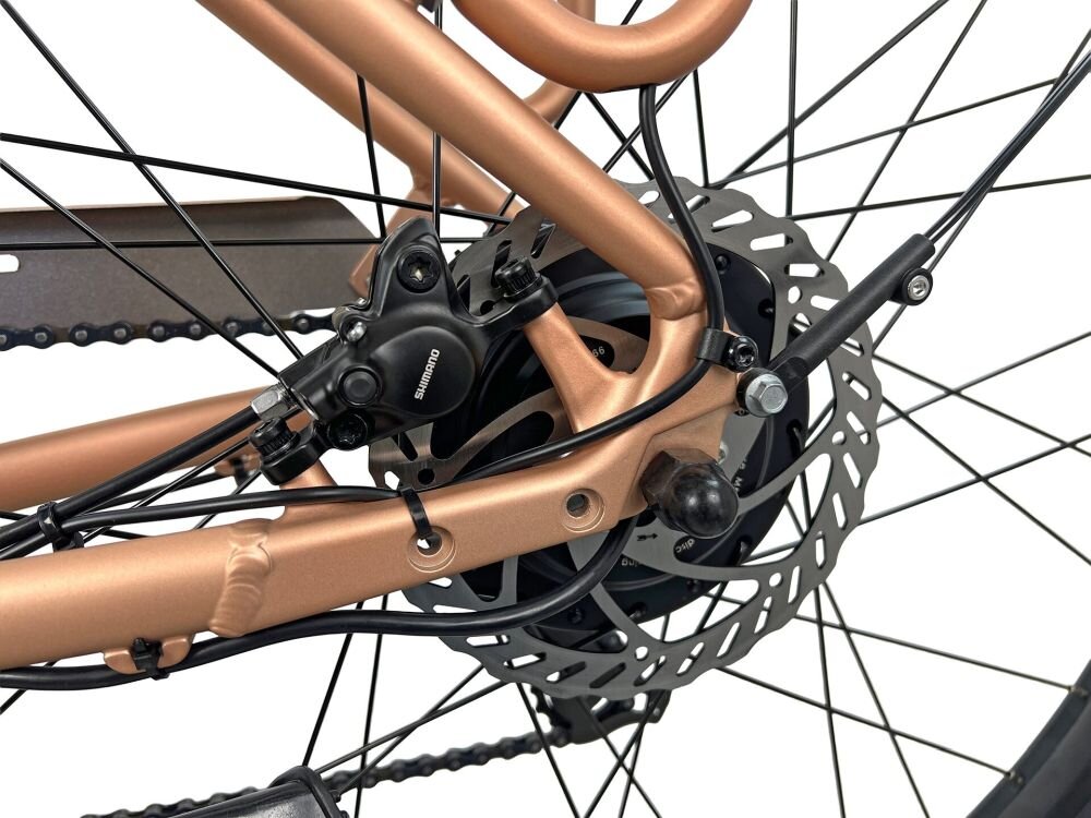 Zbliżenie na mechanizm hamulcowy roweru z widocznym napisem \'SHIMANO\' na zacisku. W tle widać szprychy i fragment łańcucha.