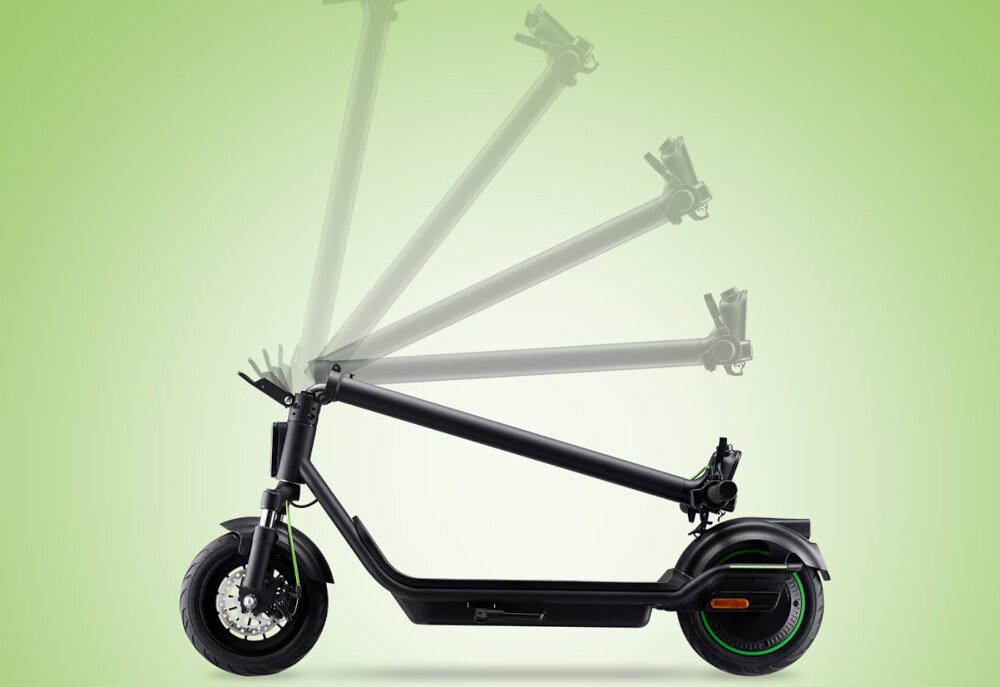 Hulajnoga elektryczna ACER ES Series 5 Select 60km 500W Amortyzacja 10 cali Czarny jasnozielone tło symulacja pokazująca proces składania hulajnogi składana konstrukcja łatwy transport Prosty system składania lekka waga 20,46 kg szybki i bezproblemowy transport