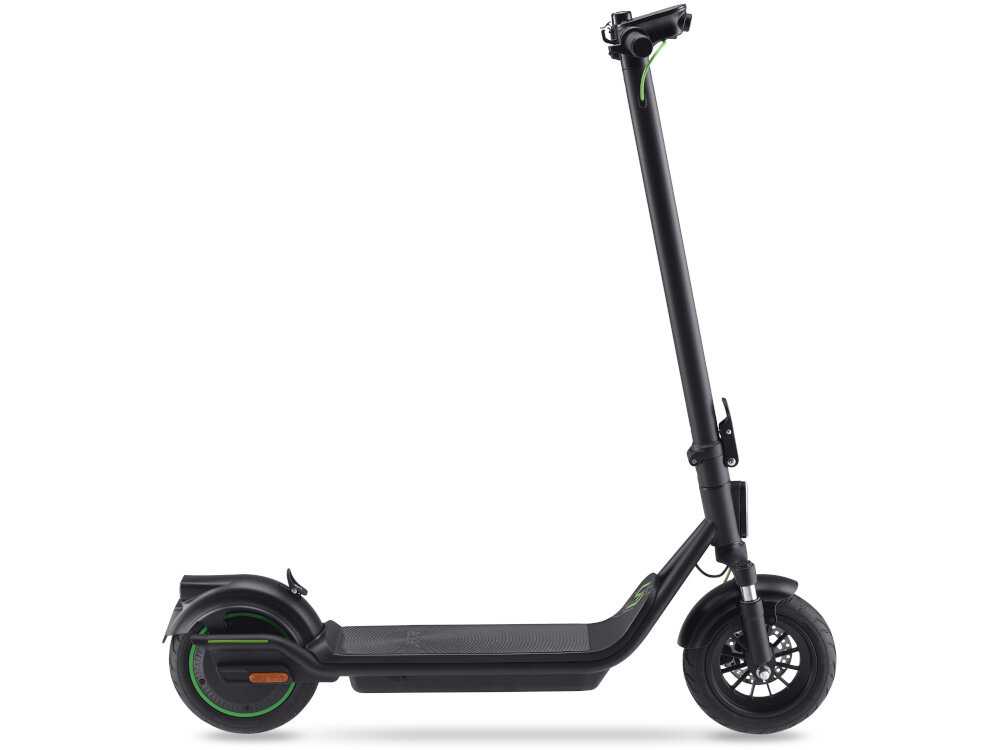 Hulajnoga elektryczna ACER ES Series 5 Select 60km 500W Amortyzacja 10 cali Czarny hulajnoga na białym tle widoczna z boku sygnał dźwiękowy sygnał dźwiękowy tempomat pozwala ustawić i utrzymywać stałą prędkość pojazdu zwiększenie bezpieczeństwa na drodze oszczędność energii