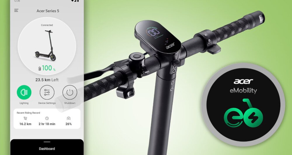 Hulajnoga elektryczna ACER ES Series 5 Select 60km 500W Amortyzacja 10 cali Czarny zielone tło zbliżenie na kierownicę obok zrzut z telefonu z włączoną aplikacją dedykowana aplikacja ACER eMobility kontrola parametrów w czasie rzeczywistym moduł Bluetooth można blokować i odblokowywać hulajnogę