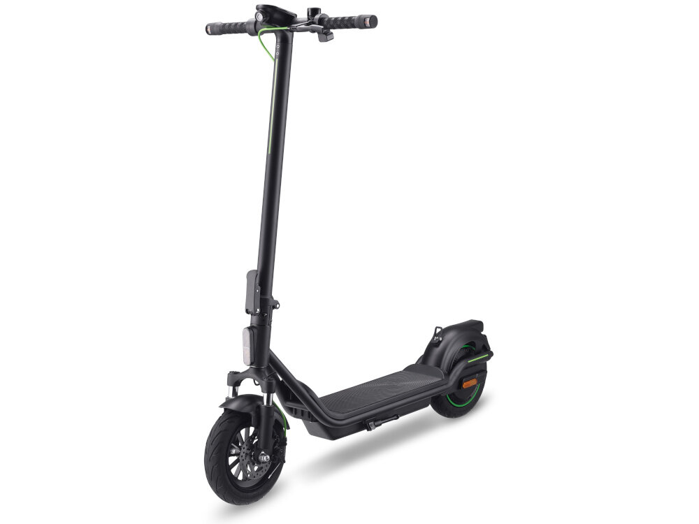 Hulajnoga elektryczna ACER ES Series 5 Select 60km 500W Amortyzacja 10 cali Czarny hulajnoga na białym tle widoczna od przodu pod skosem zaawansowany system KERS odzyskiwanie energii podczas hamowania energia kinetyczna zamieniana jest w elektryczną i wraca do akumulatora zwiększa się realny zasięg rozwiązanie ekologiczne i niezwykle praktyczne