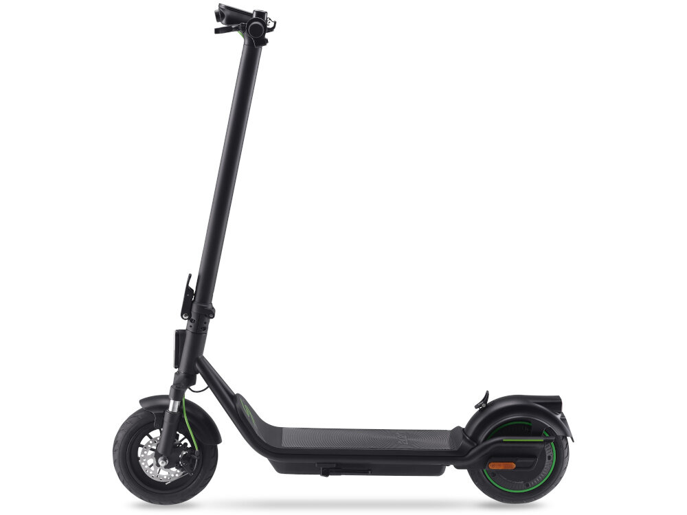 Hulajnoga elektryczna ACER ES Series 5 Select 60km 500W Amortyzacja 10 cali Czarny hulajnoga na białym tle widoczna z boku klasa ochrony IPX5 odporność obudowy na pył, brud i przypadkowe zachlapania chroni elektronikę przed drobnymi zabrudzeniami oraz wilgocią