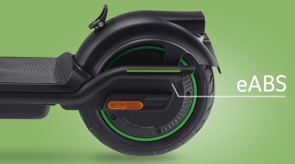 Hulajnoga elektryczna ACER ES Series 5 Select 60km 500W Amortyzacja 10 cali Czarny zielone tło zbliżenie na tylne koło napis eABS przedni hamulec tarczowy mechaniczny tylny elektryczny (regeneracyjny) wysoka skuteczność hamowania niezależnie od warunków jazdy system e-ABS zapobiega blokowaniu się kół podczas hamowania zmniejsza ryzyko poślizgu bezpieczne użytkowanie