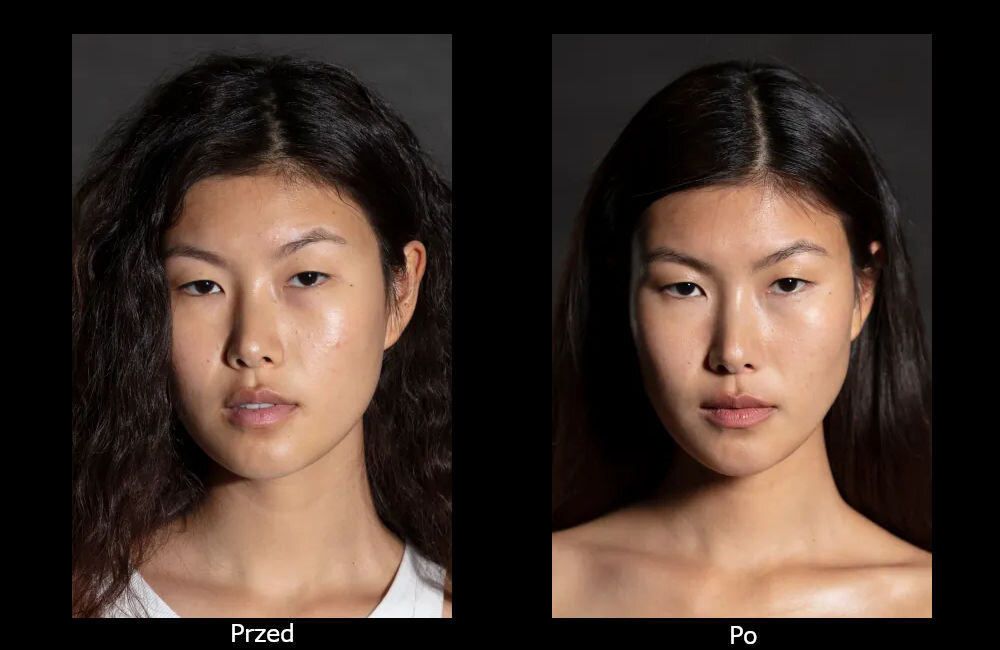 Maska LED FOREO Faq 202 Zdjęcie porównawcze Przed i Po przedstawiające tę samą kobietę. Po lewej (Przed) twarz jest mniej rozświetlona i ma widoczne drobne niedoskonałości, a po prawej (Po) skóra wydaje się bardziej gładka, rozświetlona i jędrna.
 