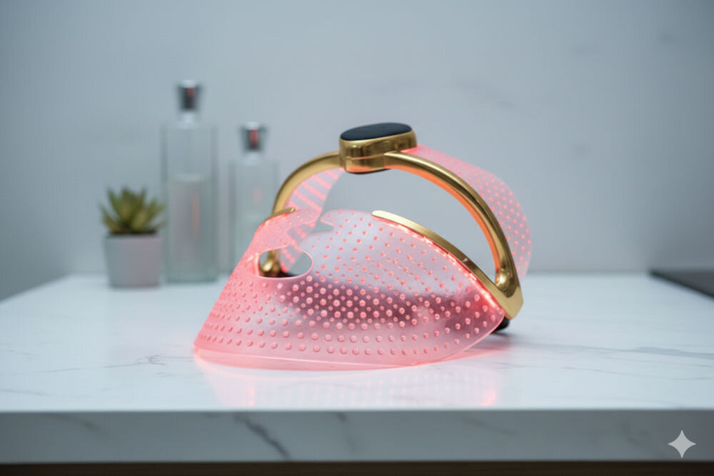 Maska LED do twarzy FOREO FAQ 202 Silikonowa maska LED FOREO FAQ 202 emitująca czerwone światło, leżąca na białym blacie w nowoczesnej łazience.