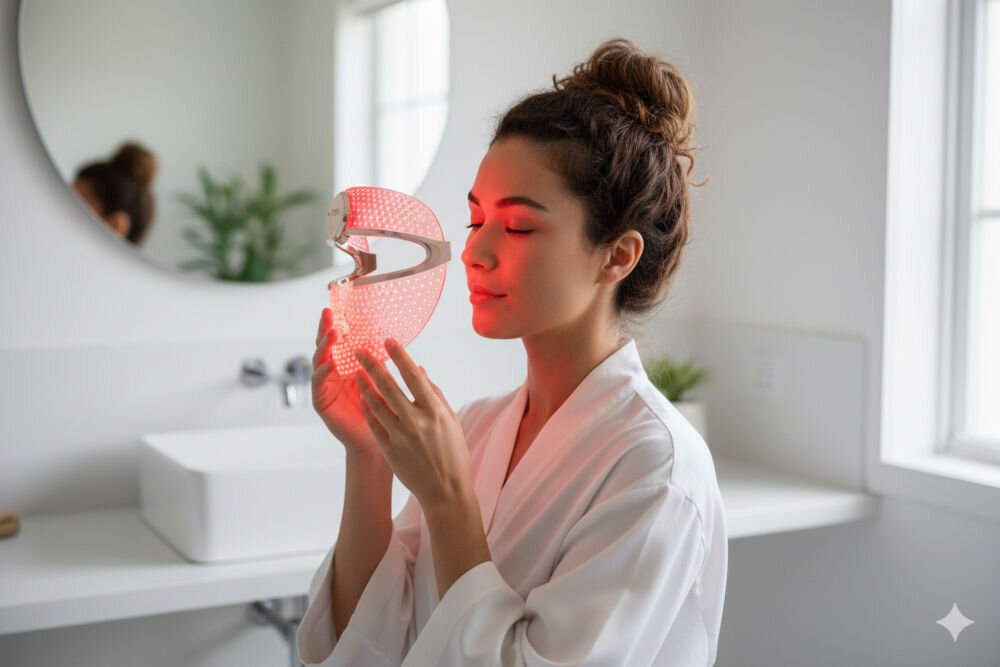 Maska LED do twarzy FOREO FAQ 202 Kobieta w białym szlafroku trzyma przed twarzą maskę LED FOREO FAQ 202, korzystając z domowego zabiegu fototerapii światłem czerwonym. 