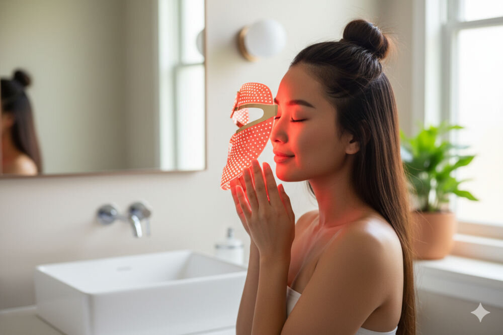 Maska LED do twarzy FOREO FAQ 202 Profil kobiety z zamkniętymi oczami, której twarz jest oświetlona czerwonym światłem maski LED FOREO FAQ 202 podczas domowej pielęgnacji. 