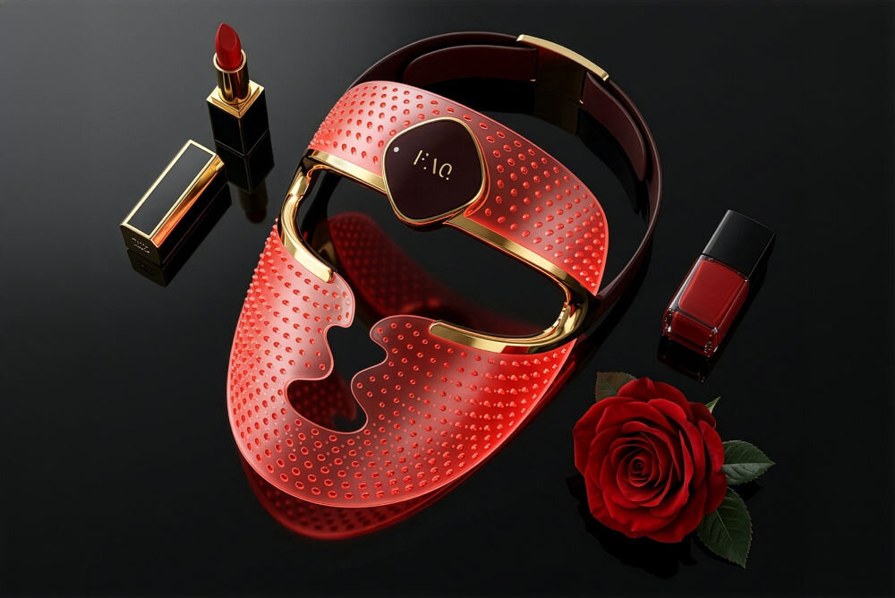 Maska LED do twarzy FOREO FAQ 202 Silikonowa maska LED do fototerapii twarzy FAQ™ 200 leżąca na czarnym blacie obok czerwonej róży, szminki i lakieru do paznokci.