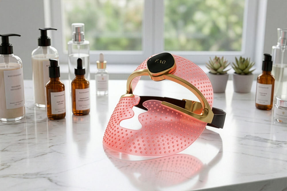 Maska LED do twarzy FOREO FAQ 202 Różowa, półtransparentna maska LED FAQ™ 200 ze złotymi detalami wyeksponowana na marmurowym blacie wśród kosmetyków pielęgnacyjnych.