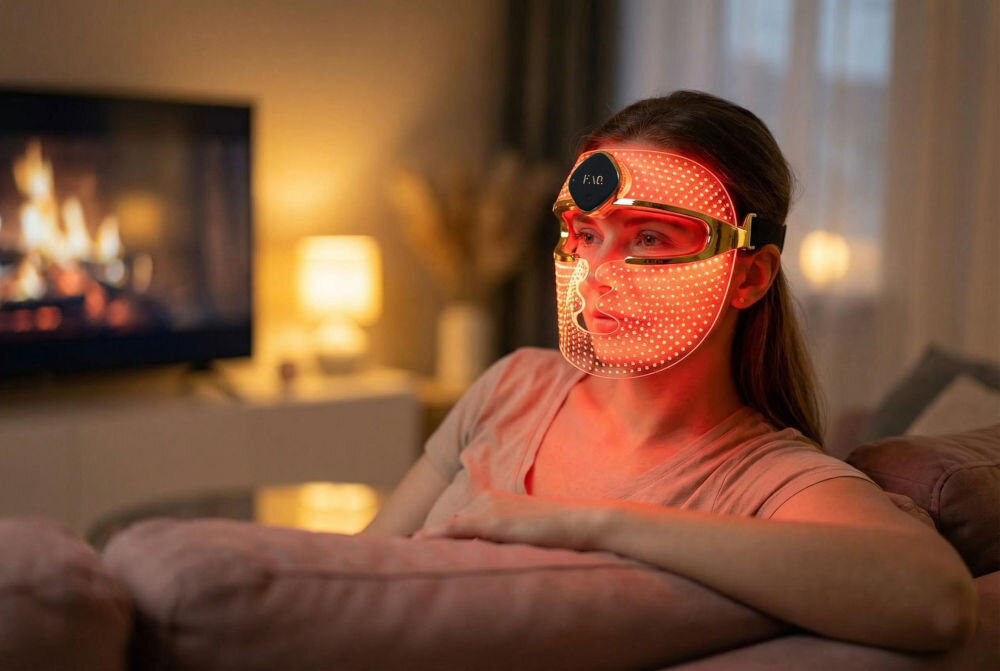 Maska LED do twarzy FOREO FAQ 202 Kobieta odpoczywająca na kanapie przed telewizorem w masce LED FAQ™ 200 z włączonym czerwonym światłem.
