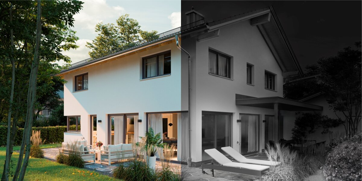 Kamera HAMA Smart Surveillance Zewnętrzna, Wi-Fi Porównanie widoku z kamery monitoringu: kolorowy obraz w dzień oraz wyraźny czarno-biały podgląd w trybie nocnym na przykładzie domu z ogrodem.