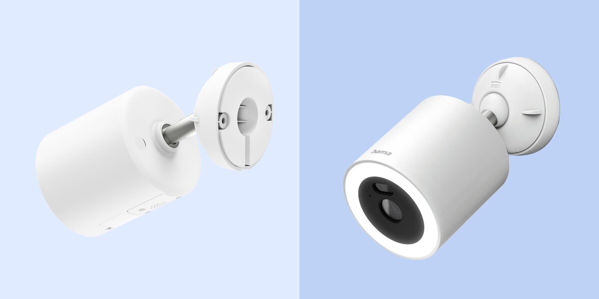Kamera HAMA Smart Surveillance Zewnętrzna, Wi-Fi Detale konstrukcyjne kamery Hama: widok na uchwyt montażowy z regulacją kąta nachylenia oraz obudowę z głośnikiem.