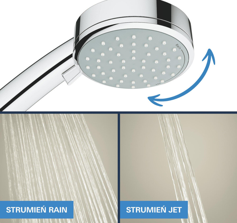 SYSTEM PRYSZNICOWY GROHE New Tempesta Cosmopolitan 160 27922000 CHROM Obraz pokazuje słuchawkę prysznicową GROHE z możliwością wyboru trzech rodzajów strumienia: Rain, SmartRain i Massage. Ujęcia po prawej prezentują różnice między poszczególnymi trybami natrysku silikonowe dysze prysznicowe łatwe usuwanie kamienia równomierny strumień wody trwałość systemu prysznicowego