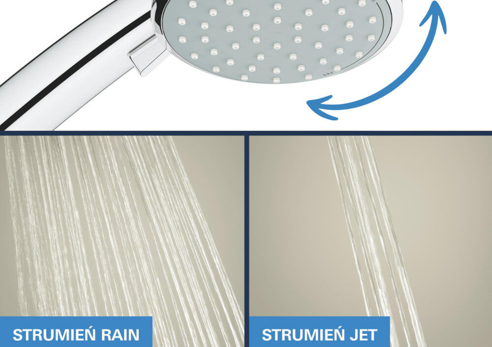 SYSTEM PRYSZNICOWY GROHE New Tempesta Cosmopolitan 160 27922000 CHROM Obraz pokazuje słuchawkę prysznicową GROHE z możliwością wyboru trzech rodzajów strumienia: Rain, SmartRain i Massage. Ujęcia po prawej prezentują różnice między poszczególnymi trybami natrysku silikonowe dysze prysznicowe łatwe usuwanie kamienia równomierny strumień wody trwałość systemu prysznicowego
