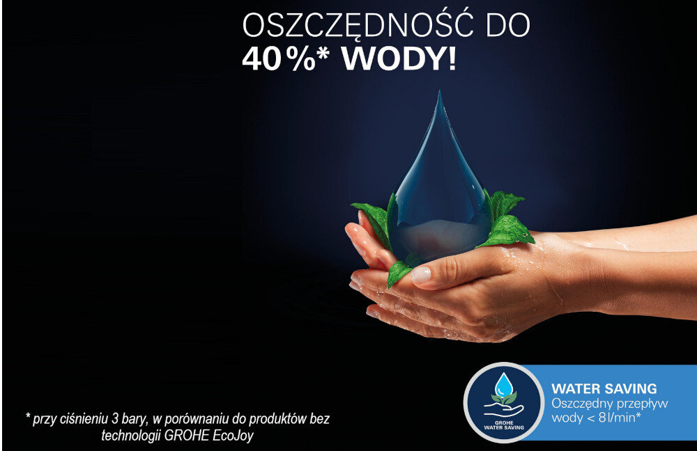 Na obrazie widoczne są dłonie trzymające dużą kroplę wody z zielonymi liśćmi. Tekst na obrazie: \'OSZCZĘDNOŚĆ DO 40%* WODY!\' oraz \'WATER SAVING Oszczędny przepływ wody < 8 l/min*\'.