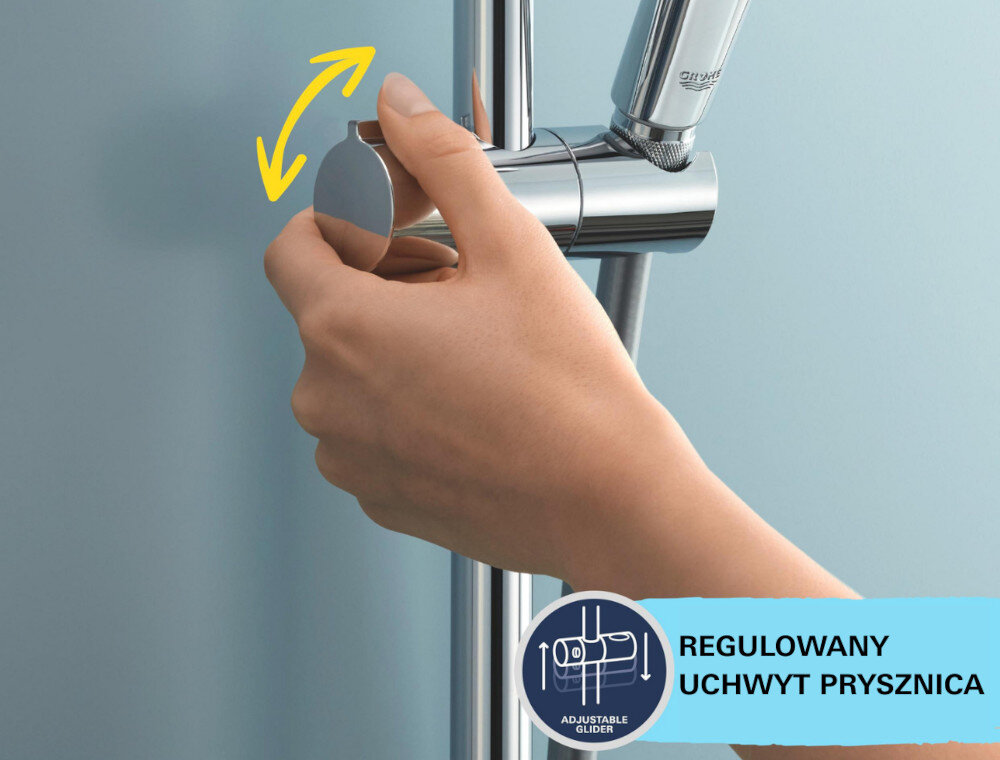 SYSTEM PRYSZNICOWY GROHE VITALIO JOY 260 LONGLIFE MASSAGE 27684001 CHROM Zdjęcie przedstawia regulowany uchwyt prysznica, którego położenie można łatwo zmienić poprzez przekręcenie pokrętła. Ikona podkreśla możliwość płynnej regulacji wysokości i kąta ustawienia słuchawki pokrętło regulacja ustawienie położenia