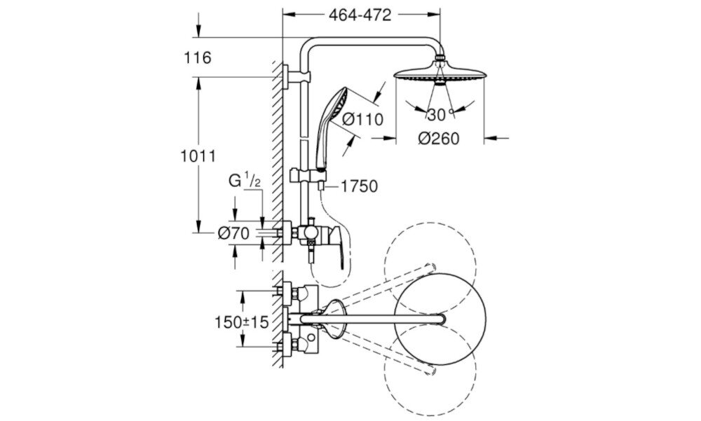 SYSTEM PRYSZNICOWY GROHE VITALIO JOY 260 LONGLIFE MASSAGE 27684001 CHROM Rysunek techniczny przedstawia zestaw prysznicowy z deszczownicą, słuchawką oraz baterią, wraz z dokładnymi wymiarami montażowymi. Schemat pokazuje średnice elementów, rozstaw przyłączy, wysokości oraz zasięg ramienia deszczownicy, ułatwiając precyzyjne zaplanowanie instalacji
