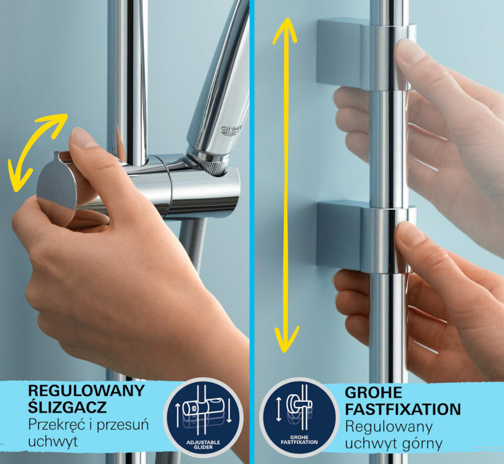 SYSTEM PRYSZNICOWY GROHE RAINSHOWER SMARTACTIVE 26647000 CHROM Zdjęcie przedstawia dwa elementy zestawu prysznicowego GROHE: regulowany ślizgacz oraz regulowany uchwyt górny FastFixation. Po lewej stronie pokazano możliwość przekręcenia i przesunięcia uchwytu słuchawki, a po prawej – regulację górnego mocowania wzdłuż drążka regulacja szybki montaż dopasowanie uchwyty