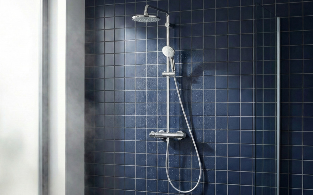 SYSTEM PRYSZNICOWY GROHE EUPHORIA 27964000 CHROM Obraz pokazuje zestaw prysznicowy zamontowany na ścianie wykończonej granatowymi płytkami. Widać górną deszczownicę, słuchawkę prysznicową oraz termostatyczną baterię