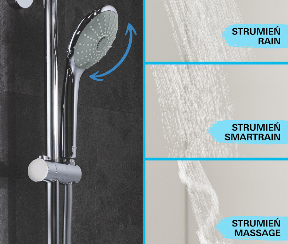 SYSTEM PRYSZNICOWY GROHE EUPHORIA 27964000 CHROM Obraz pokazuje słuchawkę prysznicową GROHE z możliwością wyboru trzech rodzajów strumienia: Rain, SmartRain i Massage. Ujęcia po prawej prezentują różnice między poszczególnymi trybami natrysku silikonowe dysze prysznicowe łatwe usuwanie kamienia równomierny strumień wody trwałość systemu prysznicowego