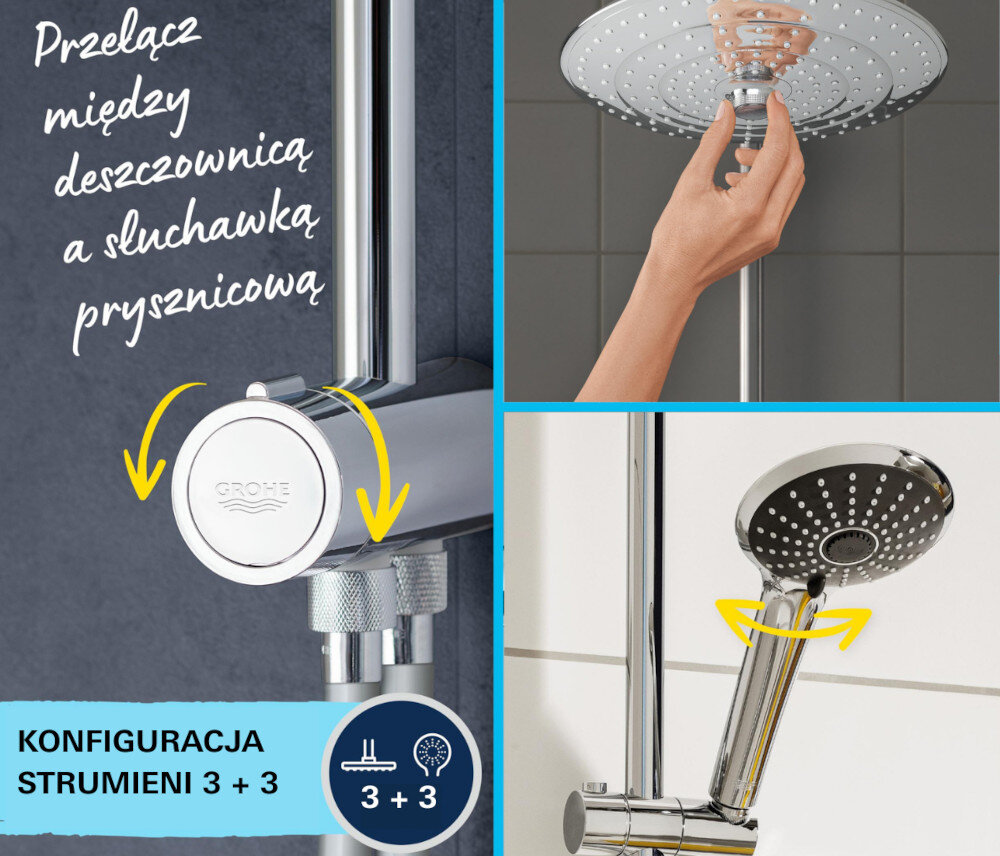 SYSTEM PRYSZNICOWY GROHE VITALIO JOY 260 LONGLIFE MASSAGE 27357002 CHROM Zdjęcie pokazuje termostatyczną baterię prysznicową GROHE z funkcją SafeStop ustawioną na 38°C. Ikona i opis podkreślają ochronę przed przypadkowym oparzeniem termostatyczna bateria prysznicowa stała temperatura wody komfort bezpieczna kąpiel stabilny strumień wody