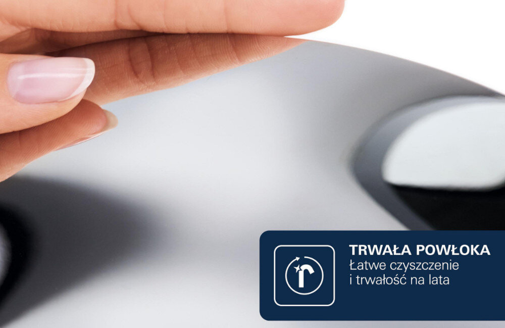 SYSTEM PRYSZNICOWY GROHE VITALIO JOY 260 LONGLIFE MASSAGE 27357002 CHROM Na zbliżeniu przedstawiono gładką, chromowaną powierzchnię armatury oraz dłoń przesuwającą się nad nią. Grafika podkreśla trwałą powłokę, łatwe czyszczenie i odporność na wieloletnie użytkowanie chromowana powłoka grohe long life finish trwała powierzchnia łatwe czyszczenie połysk chromu