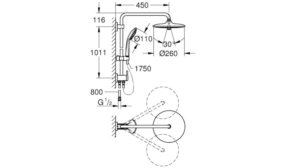 SYSTEM PRYSZNICOWY GROHE VITALIO JOY 260 LONGLIFE MASSAGE 27357002 CHROM Rysunek techniczny przedstawia zestaw prysznicowy z deszczownicą, słuchawką oraz baterią, wraz z dokładnymi wymiarami montażowymi. Schemat pokazuje średnice elementów, rozstaw przyłączy, wysokości oraz zasięg ramienia deszczownicy, ułatwiając precyzyjne zaplanowanie instalacji