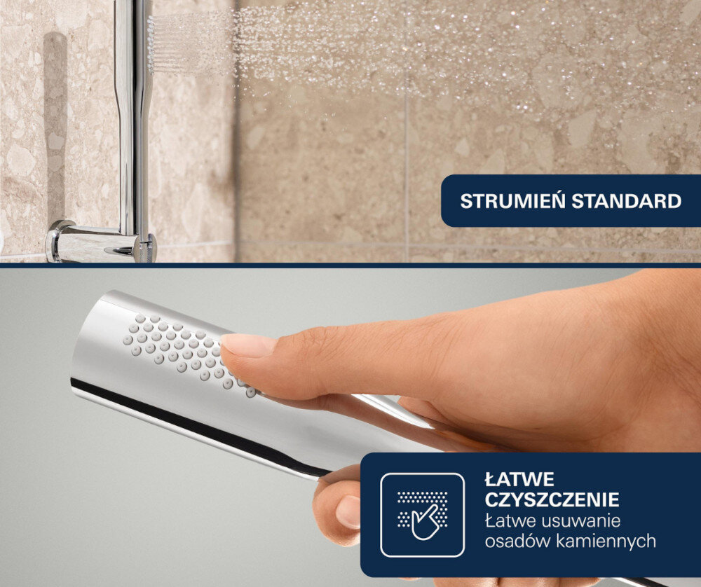 SYSTEM PRYSZNICOWY GROHE VITALIO JOY SYSTEM 230 26365000 CHROM Zdjęcie przedstawia dużą deszczownicę z chromowaną powierzchnią, z której równomiernie wypływają liczne strumienie wody. Ujęcie podkreśla intensywność i szeroki zakres natrysku silikonowe dysze prysznicowe łatwe usuwanie kamienia równomierny strumień wody trwałość systemu prysznicowego