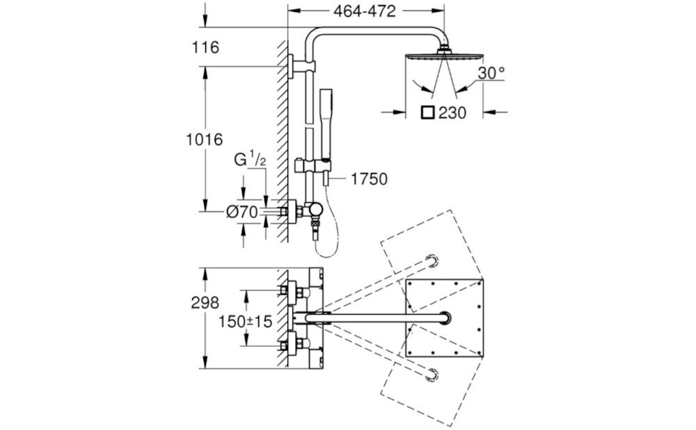 SYSTEM PRYSZNICOWY GROHE GROHE VITALIO JOY SYSTEM 230 26365000 CHROM Rysunek techniczny przedstawia zestaw prysznicowy z deszczownicą, słuchawką oraz baterią, wraz z dokładnymi wymiarami montażowymi. Schemat pokazuje średnice elementów, rozstaw przyłączy, wysokości oraz zasięg ramienia deszczownicy, ułatwiając precyzyjne zaplanowanie instalacji