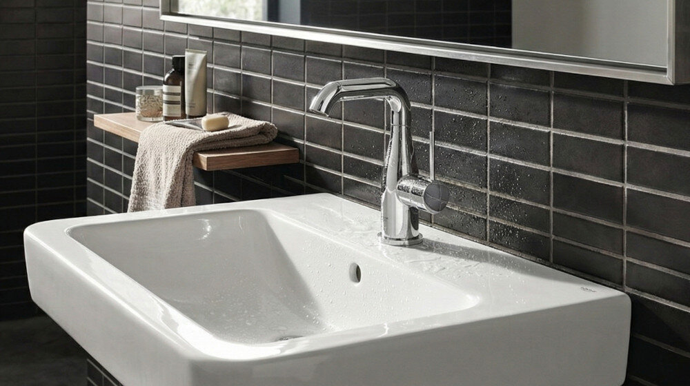 BATERIA UMYWALKOWA GROHE ESSENCE 23798001 CHROM Umywalka z prostokątną misą i nowoczesną, chromowaną baterią stojącą na tle ciemnych płytek. Nad umywalką znajduje się lustro oraz drewniana półka z ręcznikiem i akcesoriami łazienkowymi