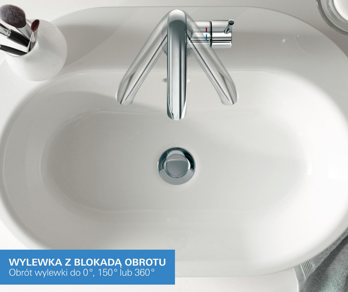 BATERIA UMYWALKOWA GROHE ESSENCE 23798001 CHROM Na zdjęciu przedstawiono baterię umywalkową, której wylewka została zaprezentowana w kilku pozycjach, pokazując możliwy zakres obrotu. W lewym dolnym rogu znajduje się grafika z informacją, że wylewka oferuje blokadę obrotu na poziomach 0°, 150° lub 360° blokada obrotu wylewki regulacja 0 150 360 zasięg strumienia montaż