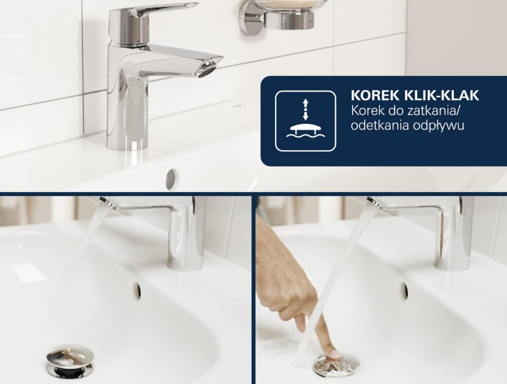 BATERIA UMYWALKOWA GROHE ESSENCE 23798001 CHROM Umywalka z chromowaną baterią stojącą oraz widoczny korek typu klik‑klak. Grafika pokazuje sposób zamykania i otwierania odpływu poprzez jego naciśnięcie korek klik-klak otwieranie szybko łatwo wygodnie
