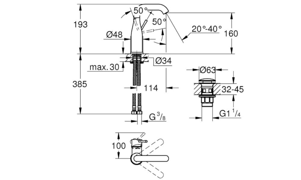 BATERIA UMYWALKOWA GROHE ESSENCE 23798001 CHROM Grafika przedstawia szczegółowy rysunek techniczny baterii umywalkowej z zaznaczonymi wymiarami montażowymi, wysokościami, średnicami przyłączy oraz kątami pracy uchwytu. Schemat ułatwia prawidłowy montaż produktu i planowanie instalacji hydraulicznej montaż jednootworowy metalowa dźwignia głowica ceramiczna 28 mm zasięg wylewki 107 mm przepływ 5 l/min