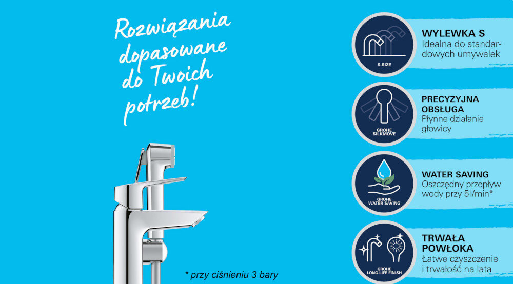 BATERIA UMYWALKOWA GROHE Start S S 23123003 CHROM Grafika prezentuje baterię umywalkową oraz hasło „Rozwiązania dopasowane do Twoich potrzeb!”. Po prawej stronie pokazano ikony informujące m.in. o precyzyjnej obsłudze, oszczędności wody i trwałej powłoce słuchawka bidetowa oszczędność miejsca higiena łazienki zestaw umywalkowy funkcjonalne rozwiązanie design