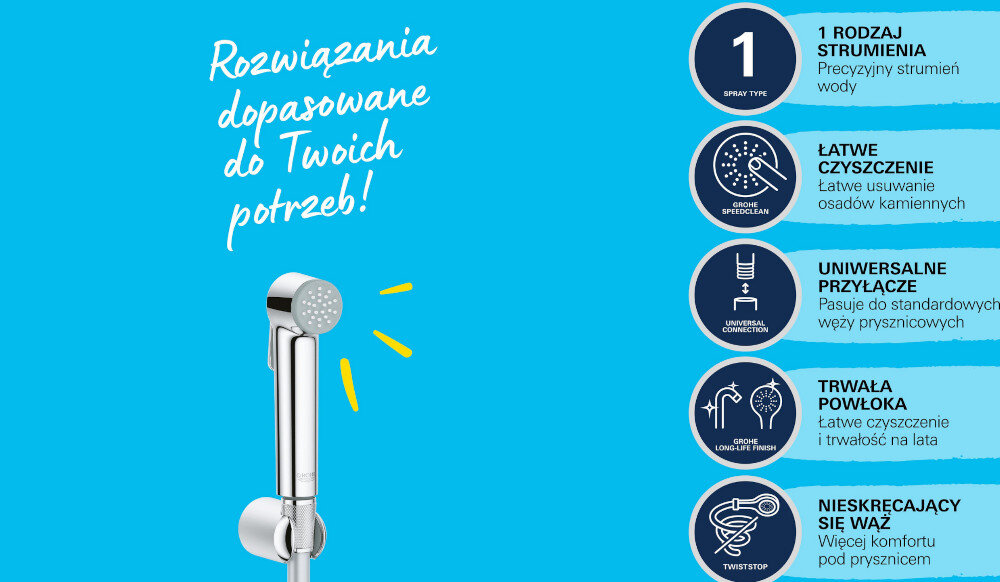 BATERIA UMYWALKOWA GROHE Start S S 23123003 CHROM Grafika prezentuje rączkę prysznicową oraz hasło „Rozwiązania dopasowane do Twoich potrzeb!”. Ikony informują m.in. o jednym rodzaju strumienia, łatwym czyszczeniu, uniwersalnym przyłączu i trwałej powłoce słuchawka bidetowa higiena łazienki wygodne użytkowanie przycisk spustowy kompaktowy rozmiar praktyczny uchwyt