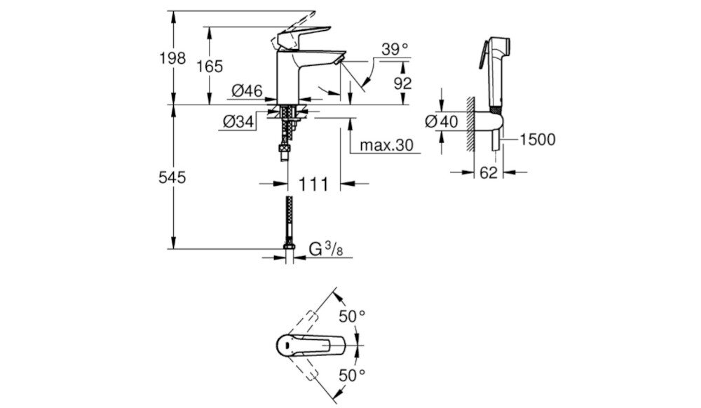 BATERIA UMYWALKOWA GROHE Start S S 23123003 CHROM Grafika przedstawia szczegółowy rysunek techniczny baterii umywalkowej z zaznaczonymi wymiarami montażowymi, wysokościami, średnicami przyłączy oraz kątami pracy uchwytu. Schemat ułatwia prawidłowy montaż produktu i planowanie instalacji hydraulicznej montaż jednootworowy metalowa dźwignia głowica ceramiczna 28 mm zasięg wylewki 107 mm przepływ 5 l/min