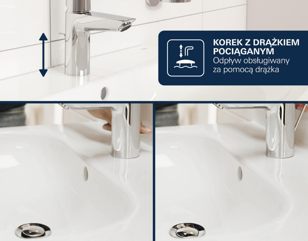 BATERIA UMYWALKOWA GROHE BAULOOP LONGLIFE 23803000 CHROM Grafika przedstawia działanie korka z drążkiem pociąganym w umywalce, pokazując możliwość podnoszenia i opuszczania odpływu bez wkładania dłoni do wody. Po prawej stronie znajduje się opis „KOREK Z DRĄŻKIEM POCIĄGANYM – Odpływ obsługiwany za pomocą drążka”, podkreślający wygodę użytkowania Wygodna obsługa odpływu zestaw odpływowy drążek sterujący odpływ bezdotykowe zamykanie umywalki wygodne użytkowanie armatury funkcjonalna łazienka