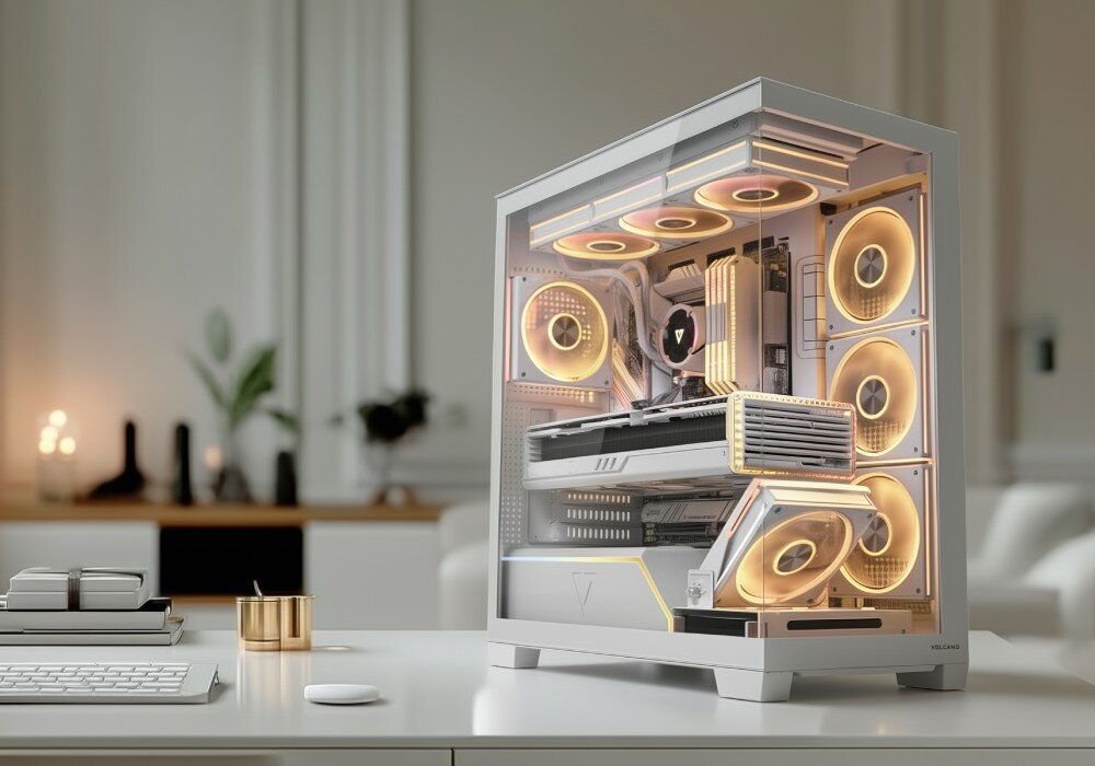 Obudowa MODECOM Volcano Stellar Plus ARGB 8F Midi Stanowisko komputerowe w ciemnym pomieszczeniu z szerokim monitorem, klawiaturą i myszką oraz stojącą po prawej stronie podświetloną obudową