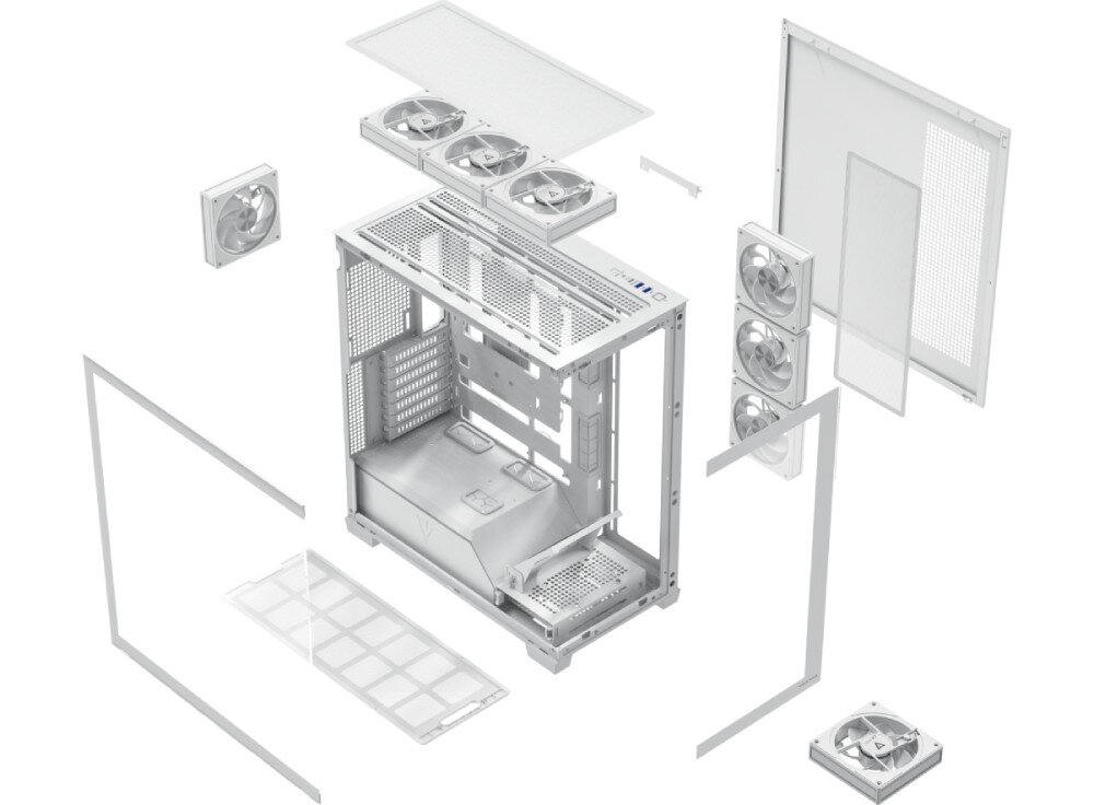 Obudowa MODECOM Volcano Stellar Plus ARGB 8F Midi Schemat graficzny rozłożonej na części obudowy komputerowej, prezentujący poszczególne elementy konstrukcyjne, takie jak szkielet, panele ze szkła i metalu oraz filtry