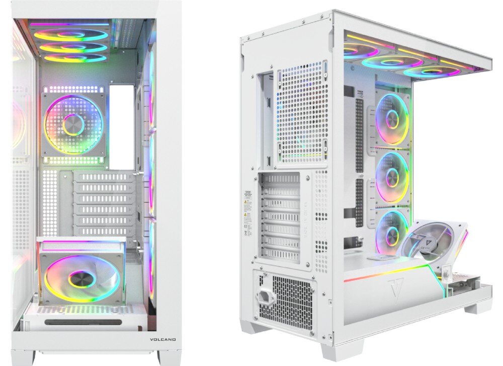 Obudowa MODECOM Volcano Stellar Plus ARGB 8F Midi Zestawienie dwóch widoków obudowy, przedstawiające ją od strony przeszklonego frontu oraz od tyłu z widocznymi śledziami kart rozszerzeń i wentylacją