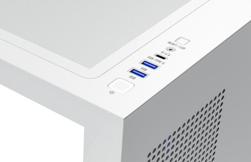 Obudowa MODECOM Volcano Stellar Plus ARGB 8F Midi Zbliżenie na górny panel sterujący obudowy, zawierający podświetlany włącznik, dwa porty USB, jeden port USB-C oraz gniazdo słuchawkowe